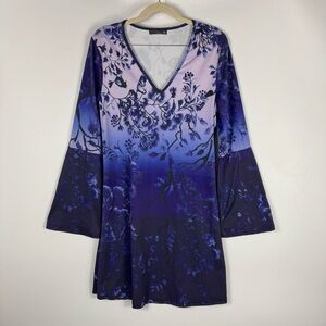 AZALEA by Firmiana Women's Purple Gradient Dress Bell Sleeves Trees Size Large